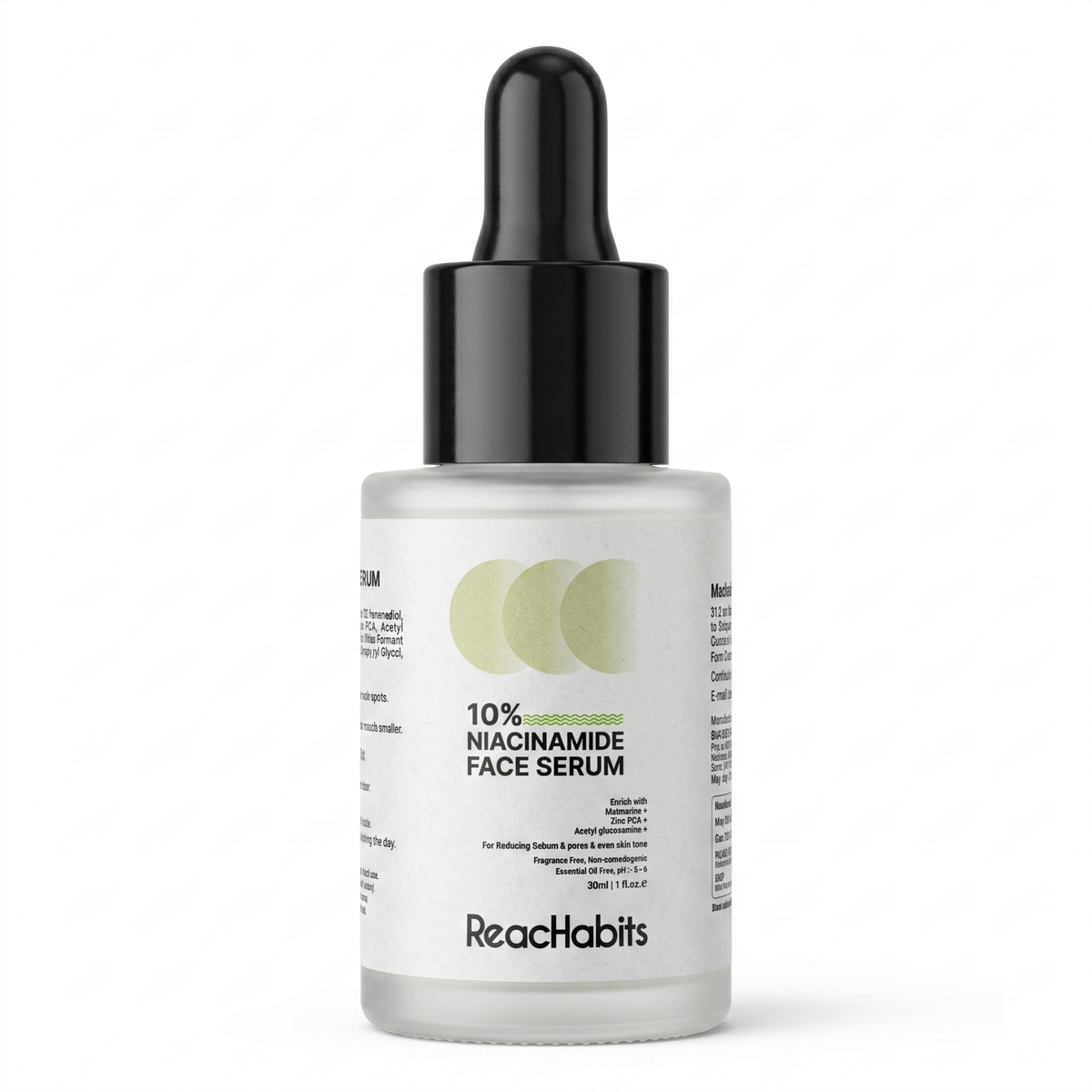 ReachHabits 10% Niacinamide face serum in a premium glass dropper bottle, formulated to reduce sebum, minimize enlarged pores, and promote an even skin tone.