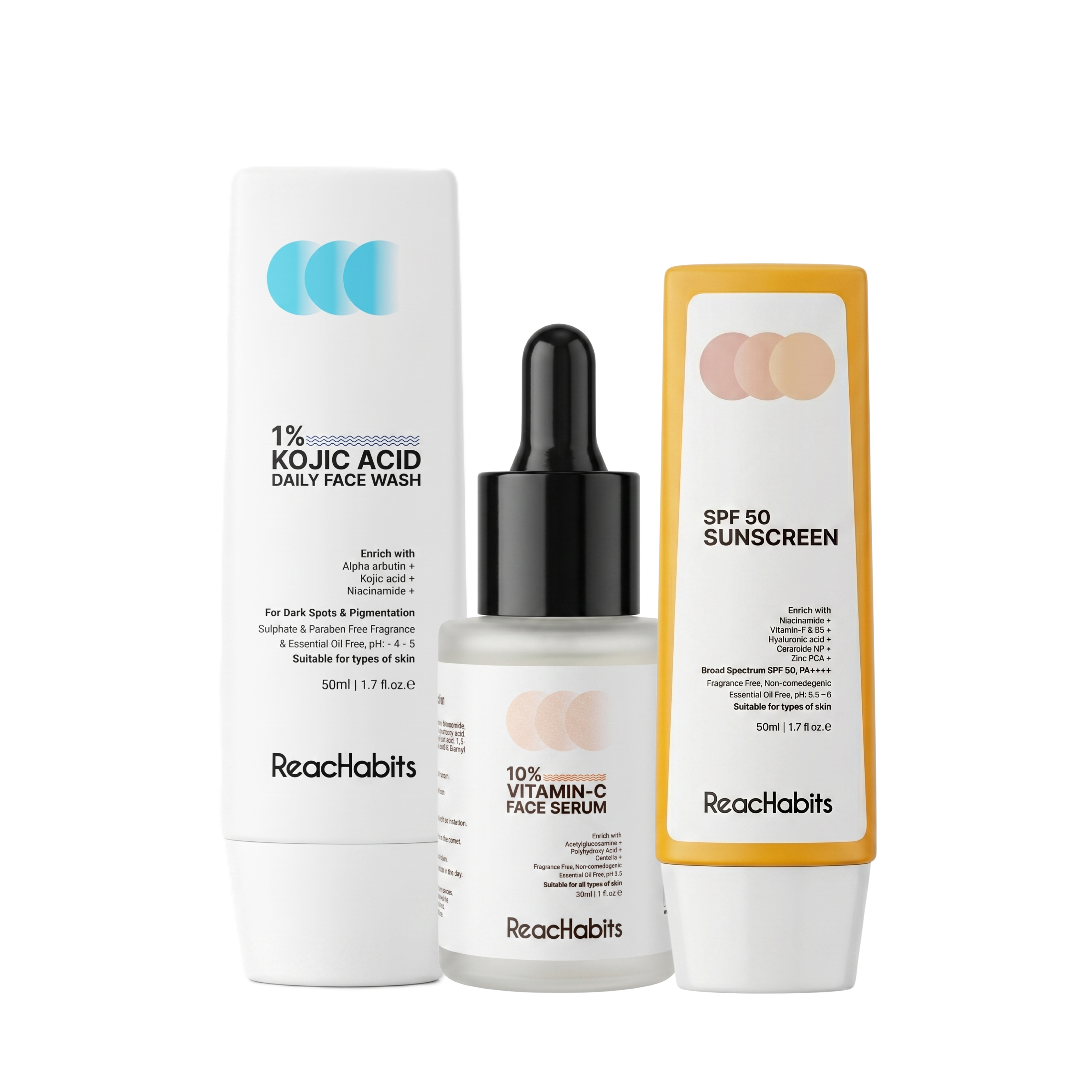 Skin Brightening 3-Step Skincare Combo Kit | Kojic Acid Face Wash, 10% Vitamin-C Serum, SPF 50 Sunscreen, Fights Dark Spots, Fragrance & Paraben Free