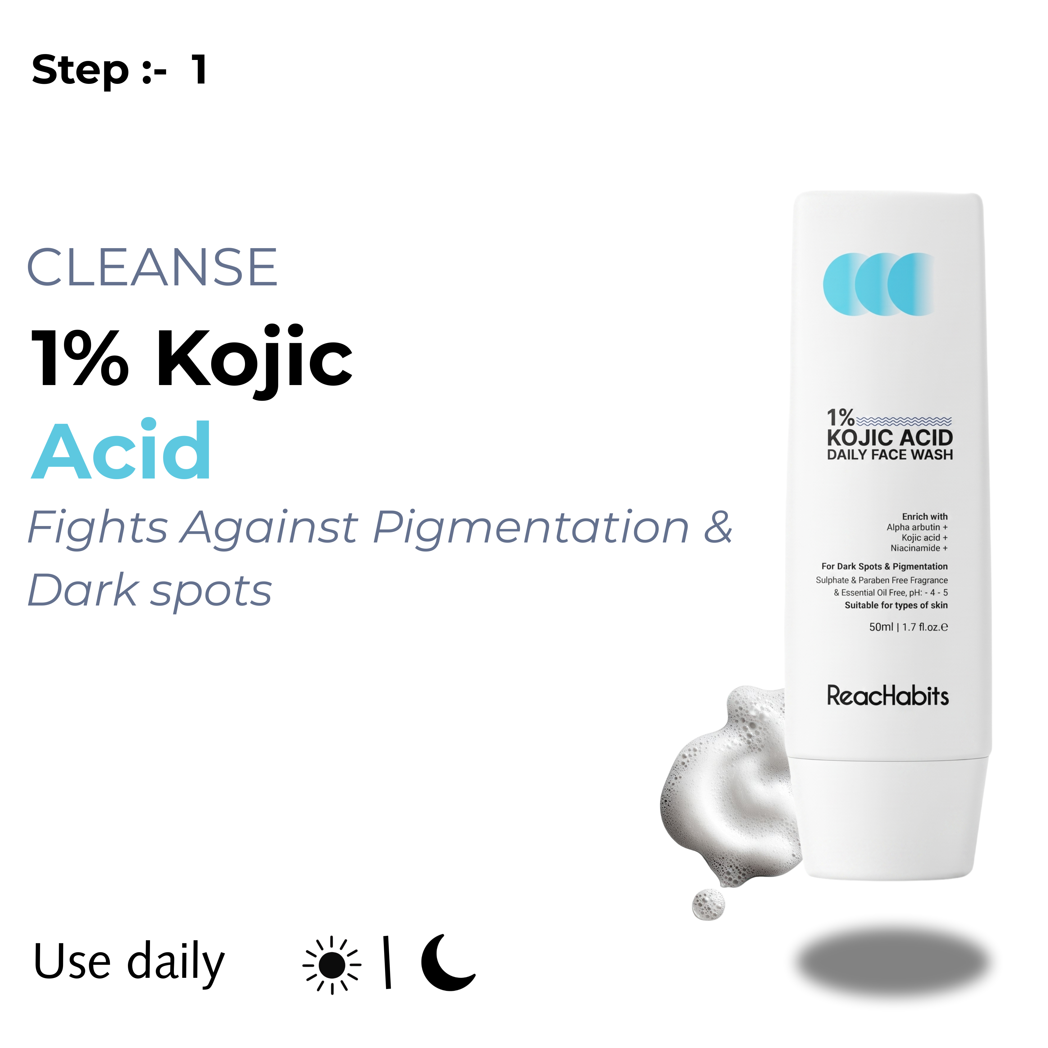 Skin Brightening 3-Step Skincare Combo Kit | Kojic Acid Face Wash, 10% Vitamin-C Serum, SPF 50 Sunscreen, Fights Dark Spots, Fragrance & Paraben Free