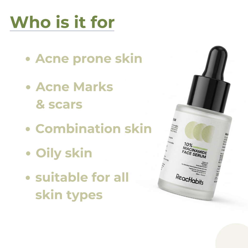 Target audience guide for the ReachHabits Niacinamide serum, showing it is highly suitable for acne-prone skin, healing acne marks and scars, oily skin, and combination skin profiles.