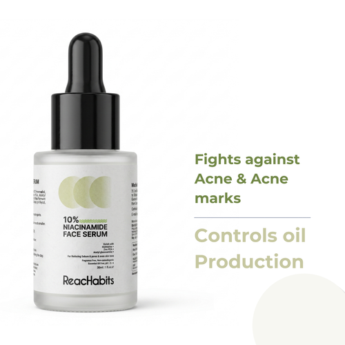 ReachHabits 10% Niacinamide serum highlighting its primary clinical benefits: fighting against active acne, fading stubborn acne marks, and controlling daily oil production.