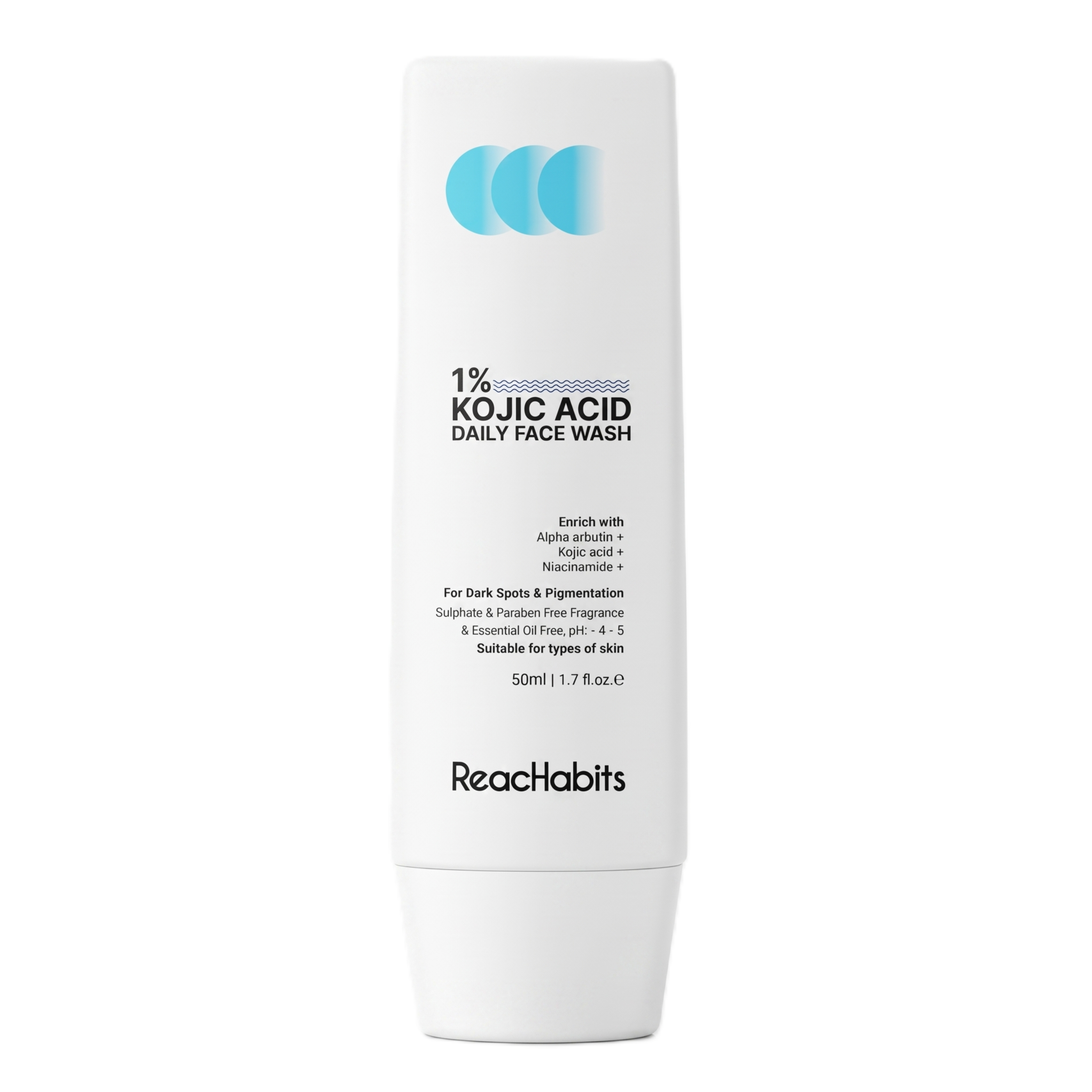 ReachHabits 1% Kojic Acid Face Wash for dark spots and pigmentation, displayed on a minimalist background.