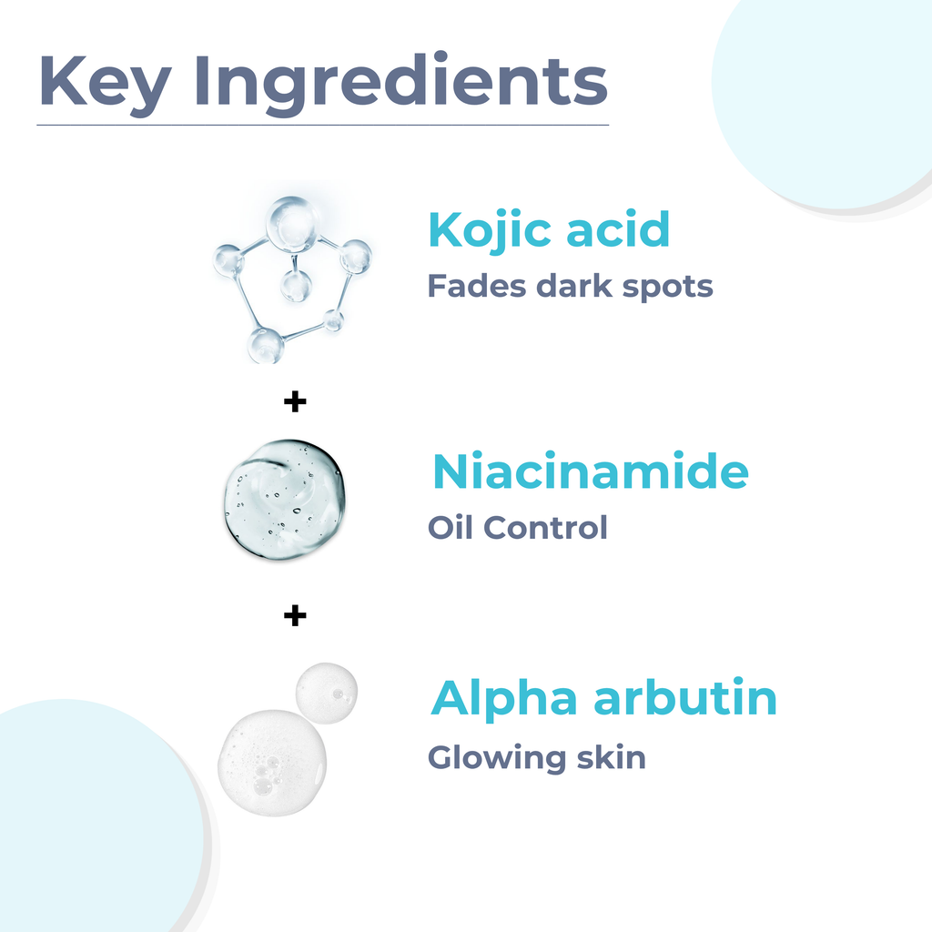 Kojic Acid, Niacinamide, and Alpha Arbutin for dark spots and oil control.