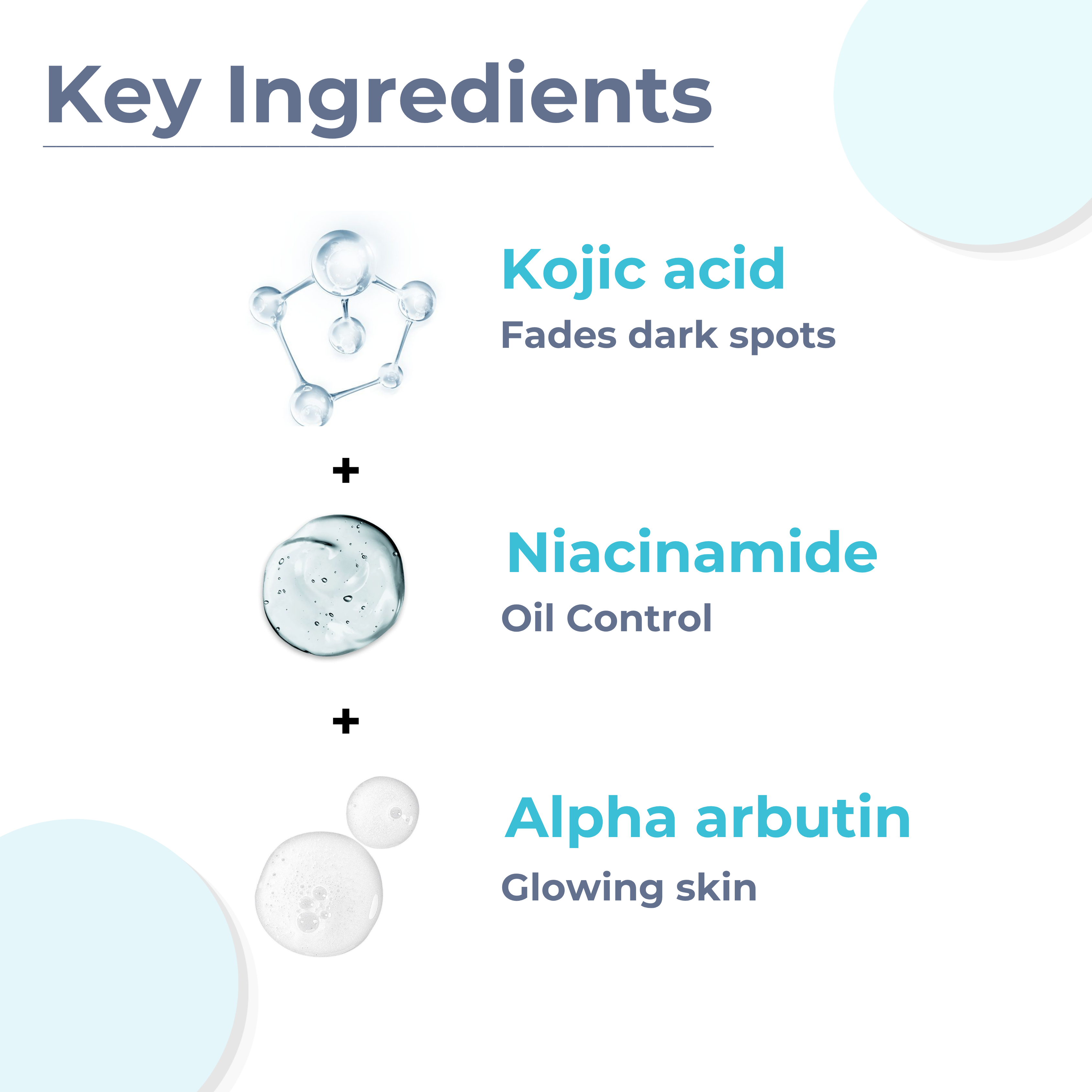 Kojic Acid, Niacinamide, and Alpha Arbutin for dark spots and oil control.