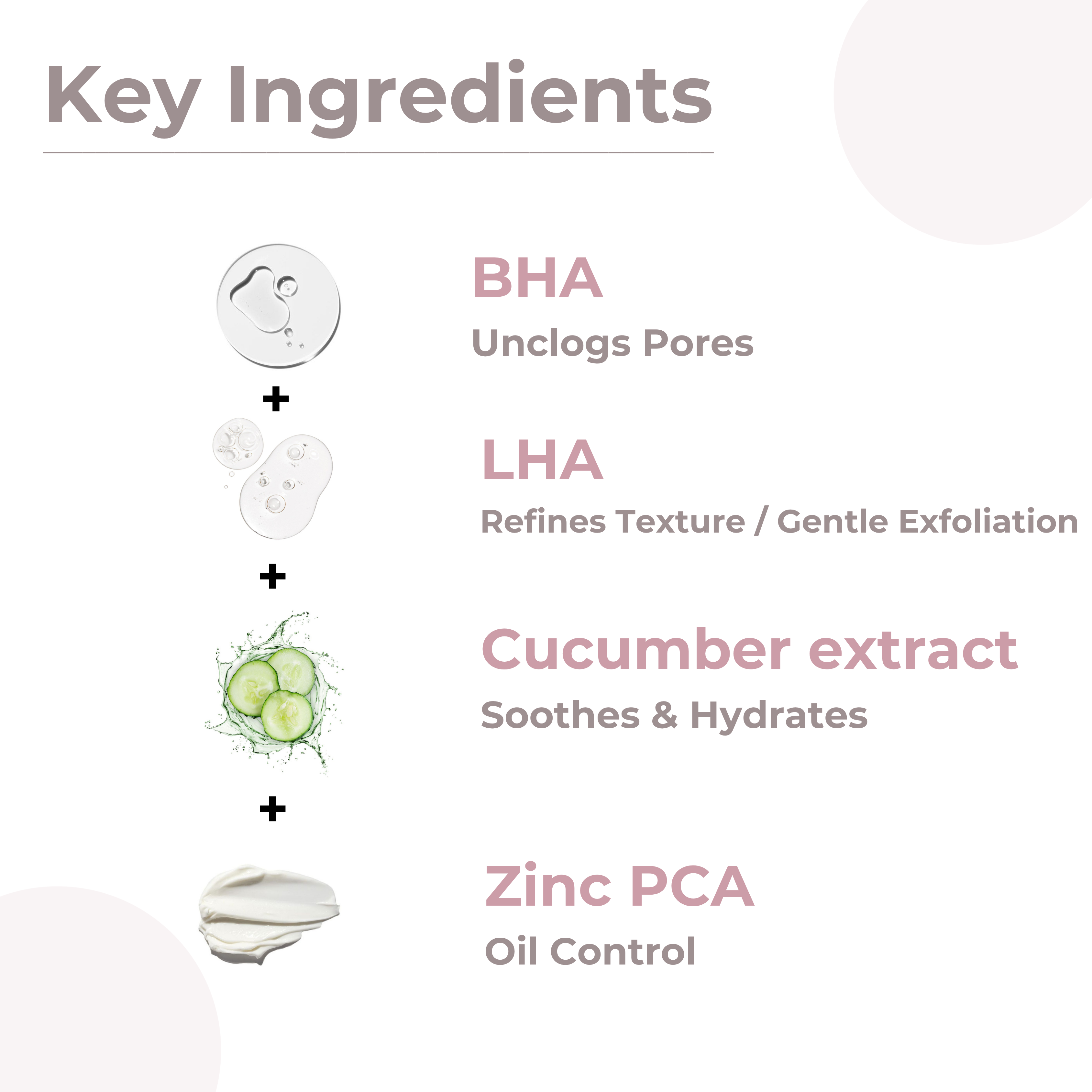Key active ingredients in the ReachHabits anti-acne face wash: pore-unclogging BHA, gently exfoliating LHA, hydrating cucumber extract, and oil-controlling Zinc PCA.