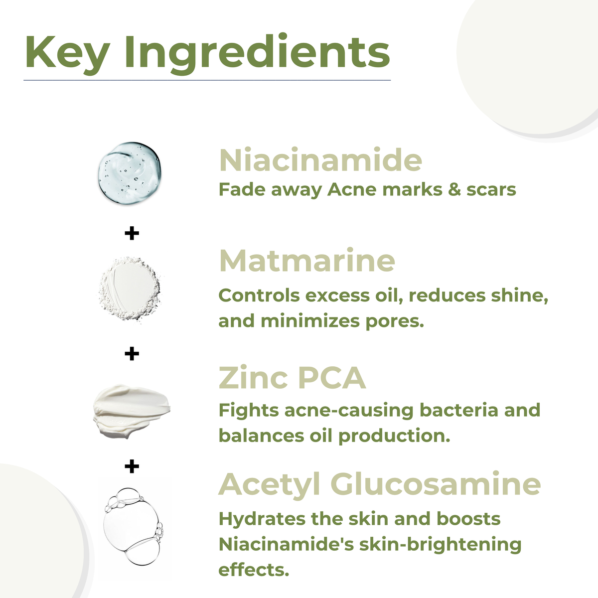 Key active ingredients in the ReachHabits anti-acne serum: Niacinamide to fade scars, Matmarine for oil control, Zinc PCA to fight acne-causing bacteria, and Acetyl Glucosamine for skin hydration.