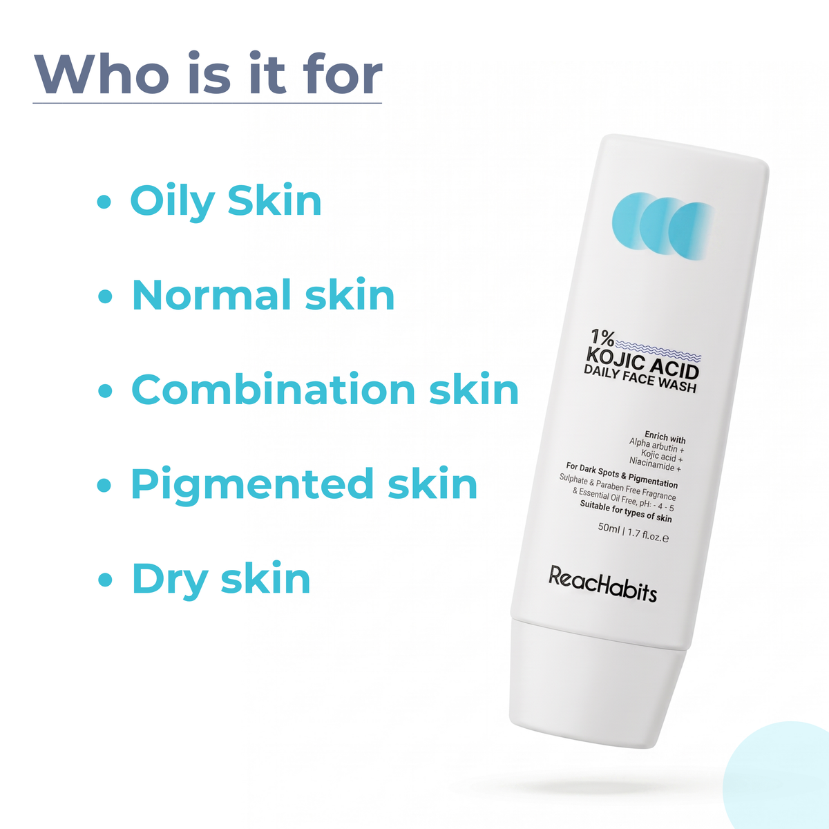 Kojic Acid, Niacinamide, and Alpha Arbutin for dark spots and oil control.