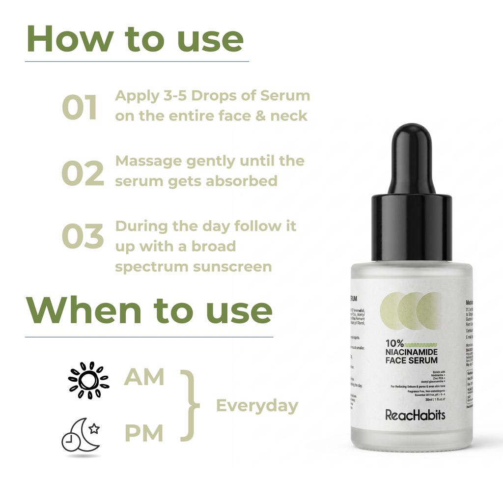 How to use the ReachHabits 10% Niacinamide serum: A step-by-step everyday AM and PM skincare routine, applying 3-5 drops to the face and neck for a clear complexion.