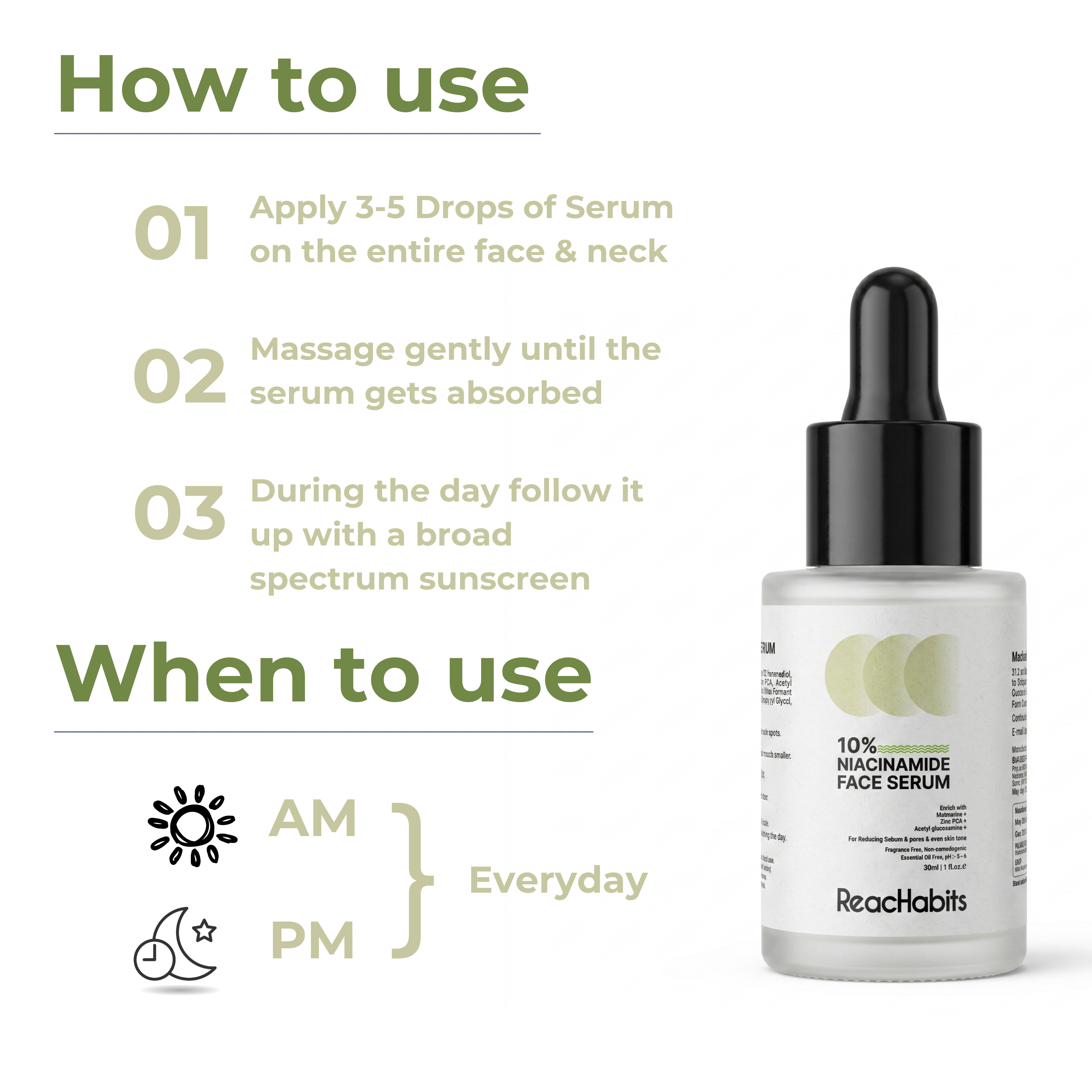 How to use the ReachHabits 10% Niacinamide serum: A step-by-step everyday AM and PM skincare routine, applying 3-5 drops to the face and neck for a clear complexion.