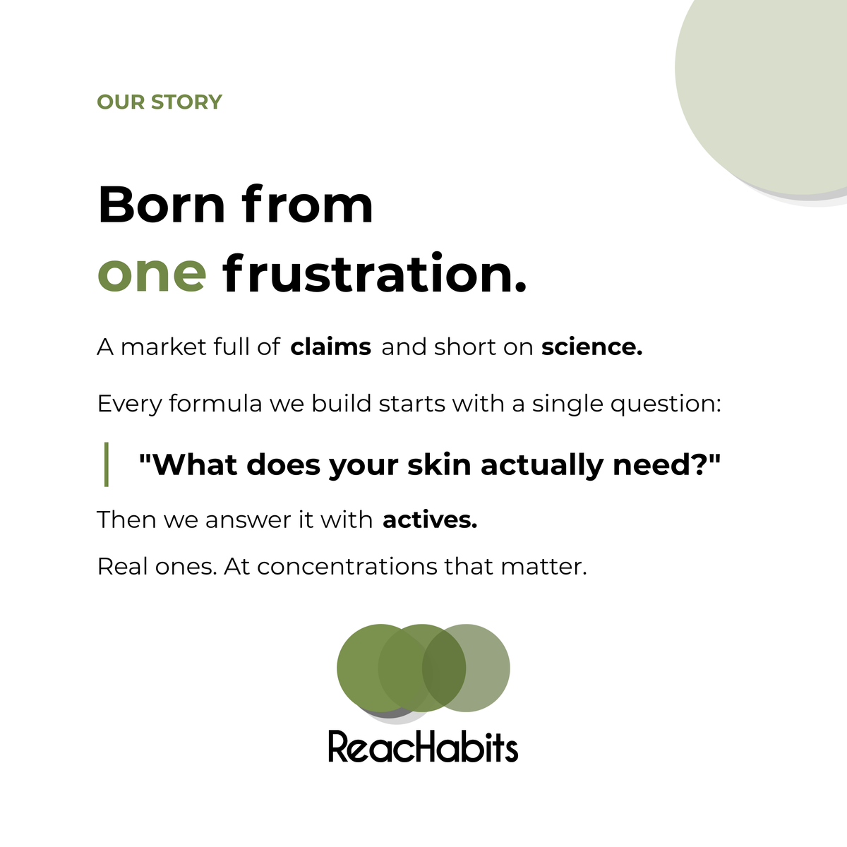 ReachHabits science-backed brand story, emphasizing a commitment to solving skincare frustrations with real, proven active ingredients at effective concentrations.