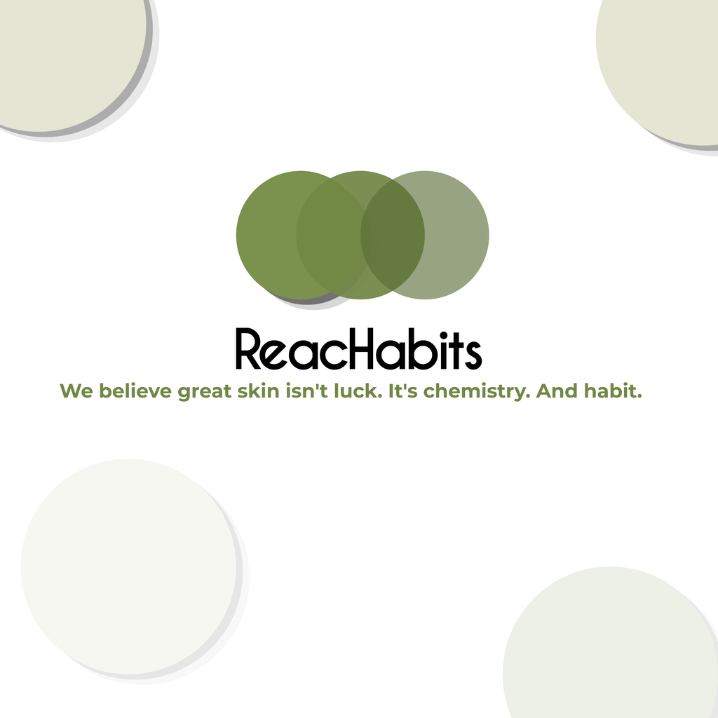 ReachHabits minimalist brand philosophy graphic reinforcing that great, clear skin relies on proven chemistry and consistent daily skincare habits.