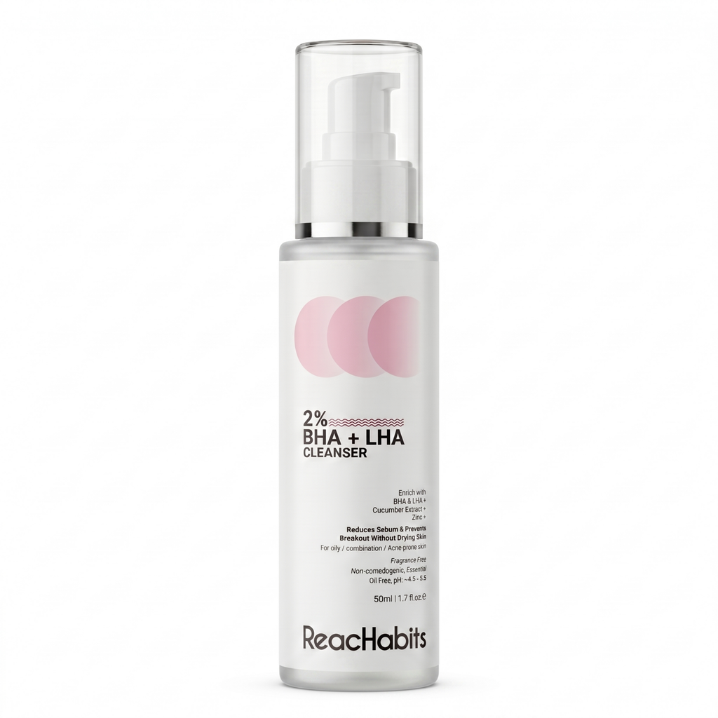 ReachHabits 2% BHA and LHA anti-acne cleanser bottle featuring a sulfate-free formula to reduce sebum and prevent breakouts without drying the skin.