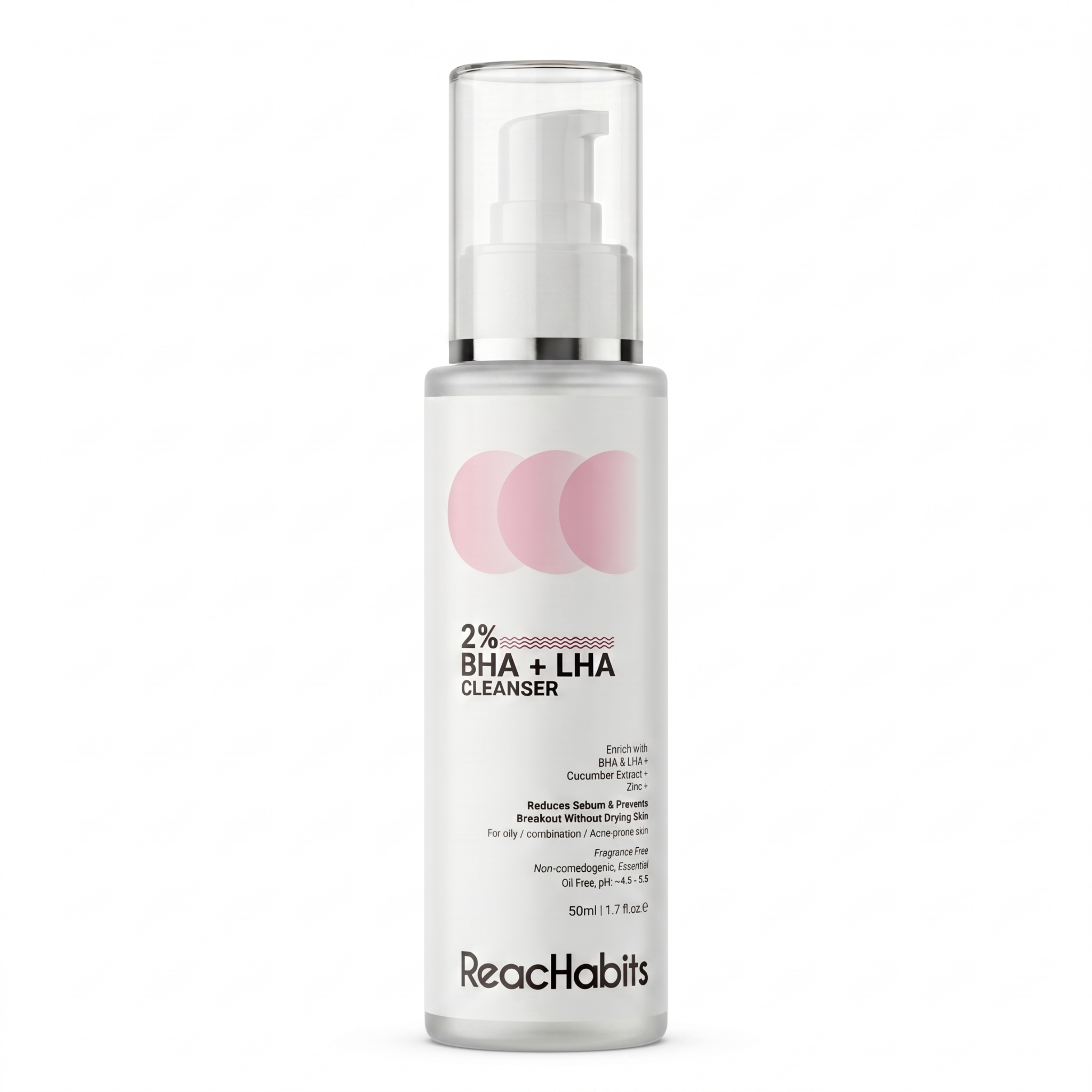 ReachHabits 2% BHA and LHA anti-acne cleanser bottle featuring a sulfate-free formula to reduce sebum and prevent breakouts without drying the skin.