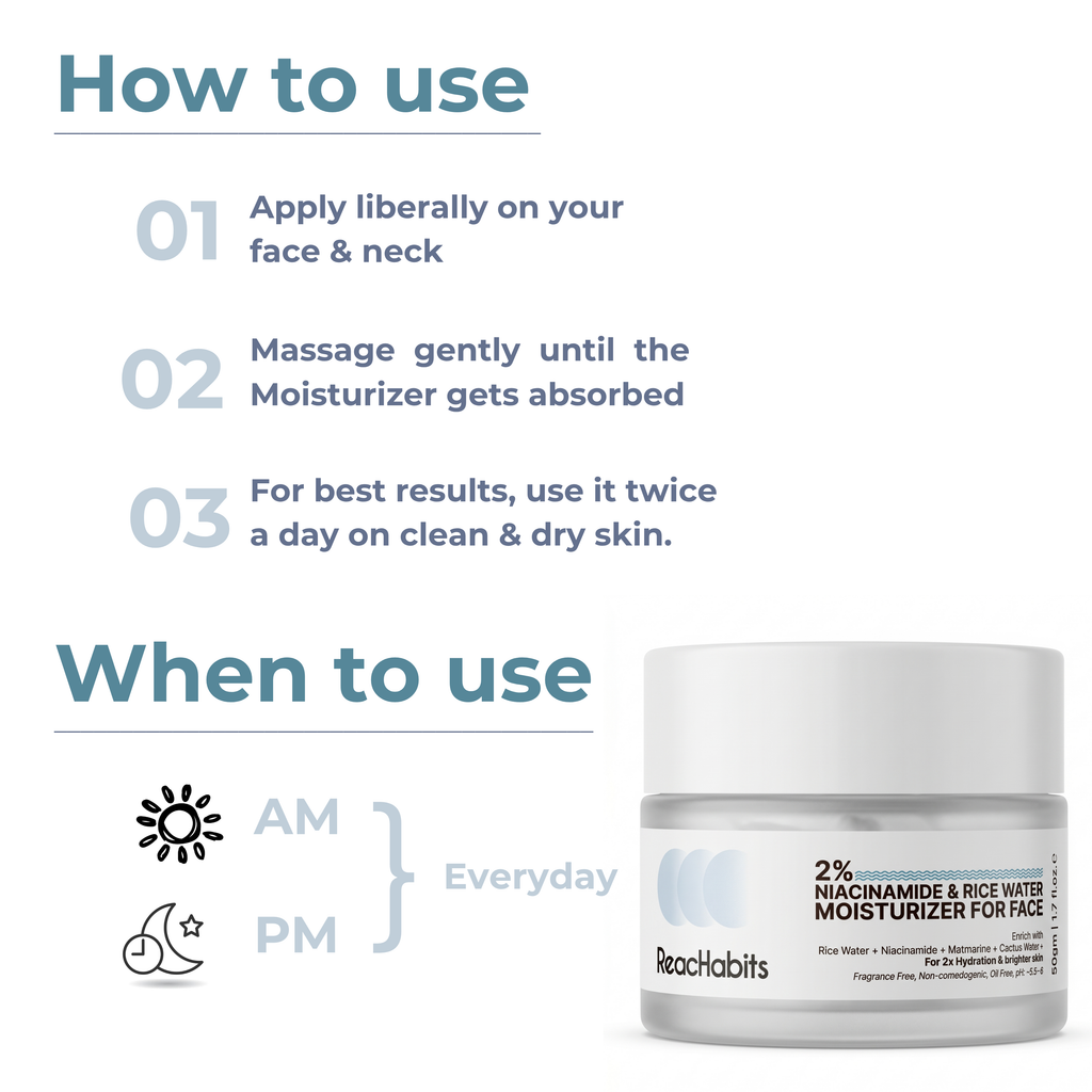 Daily AM and PM application guide for the ReachHabits Niacinamide and Rice Water moisturizer, instructing a liberal massage onto the face and neck.