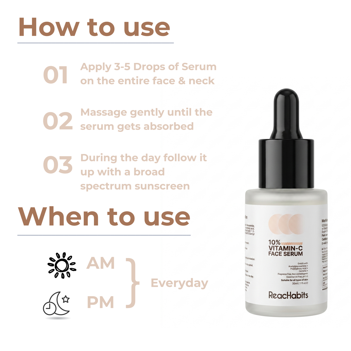 Daily AM and PM application guide for the ReachHabits 10% Vitamin C serum, applying 3-5 drops to the face and neck for bright, healthy skin.