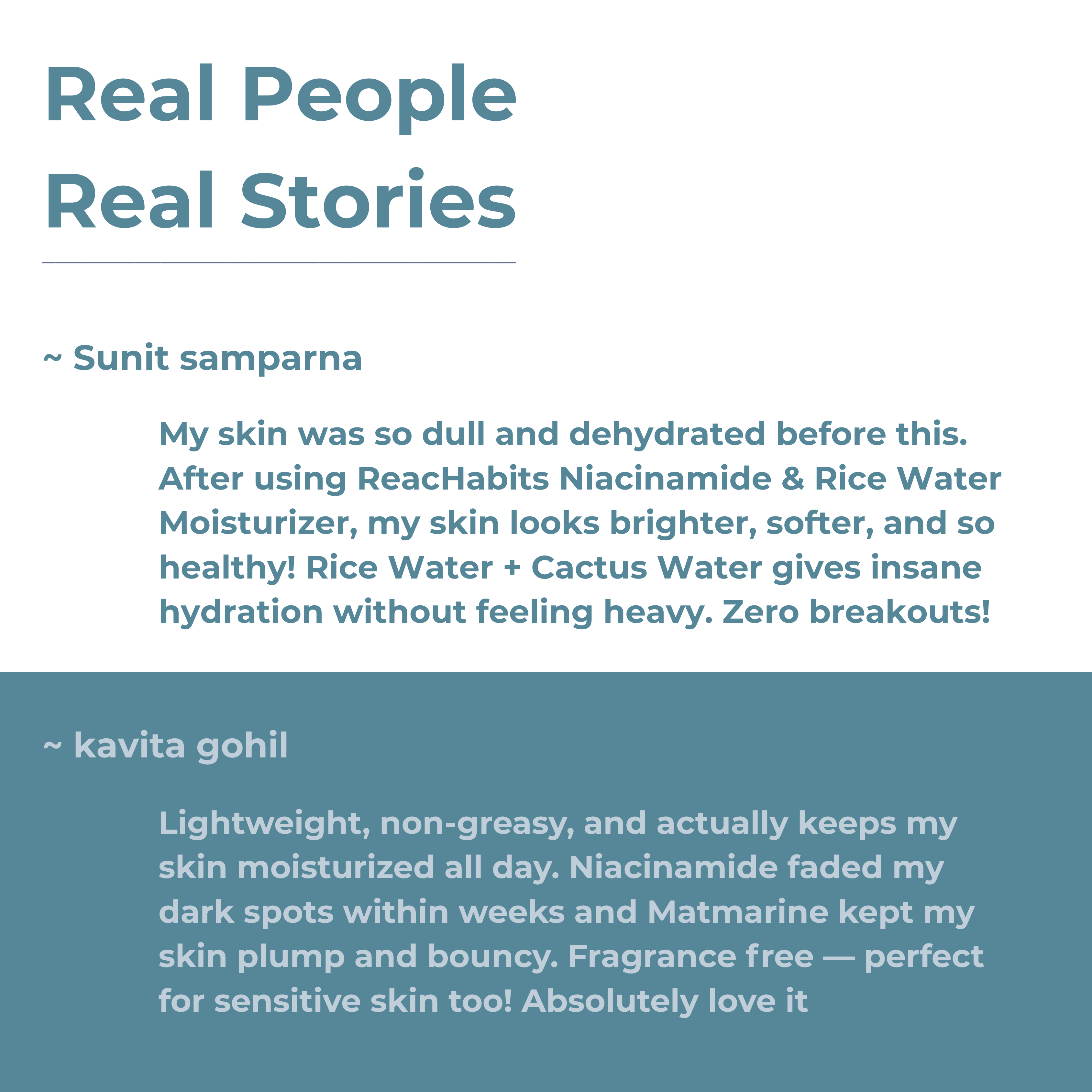 Real customer reviews for the ReachHabits Niacinamide and Rice Water moisturizer, praising its lightweight, non-greasy finish and intense cactus water hydration.
