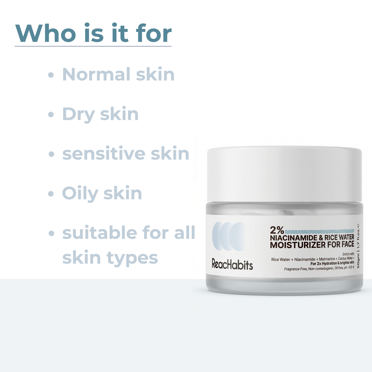 Skincare suitability guide for the ReachHabits Niacinamide and Rice Water moisturizer, showing it is ideal for normal, dry, sensitive, oily, and all skin types.