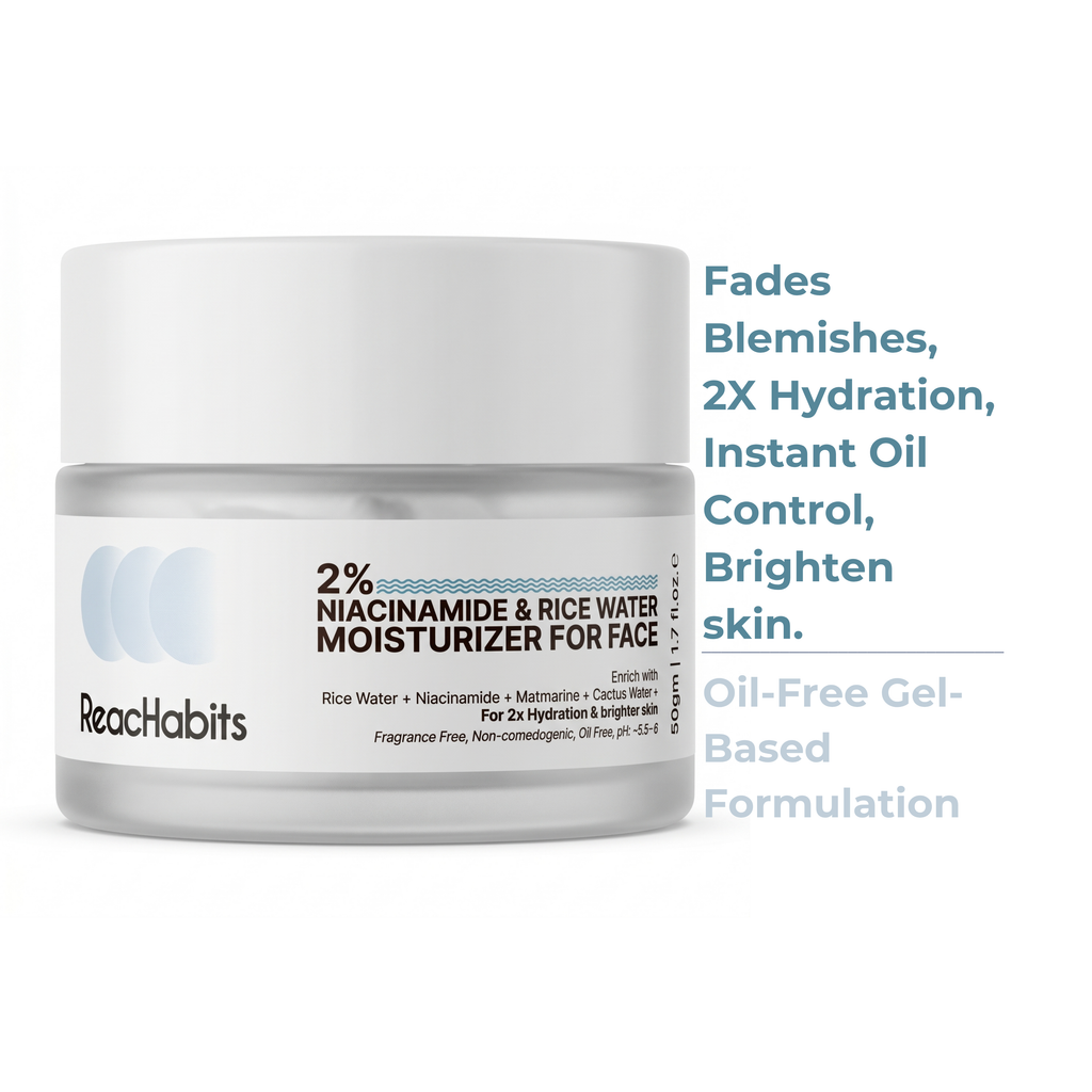 Benefits of the ReachHabits oil-free gel moisturizer: gently fades blemishes, delivers 2X hydration, provides instant oil control, and visibly brightens skin.