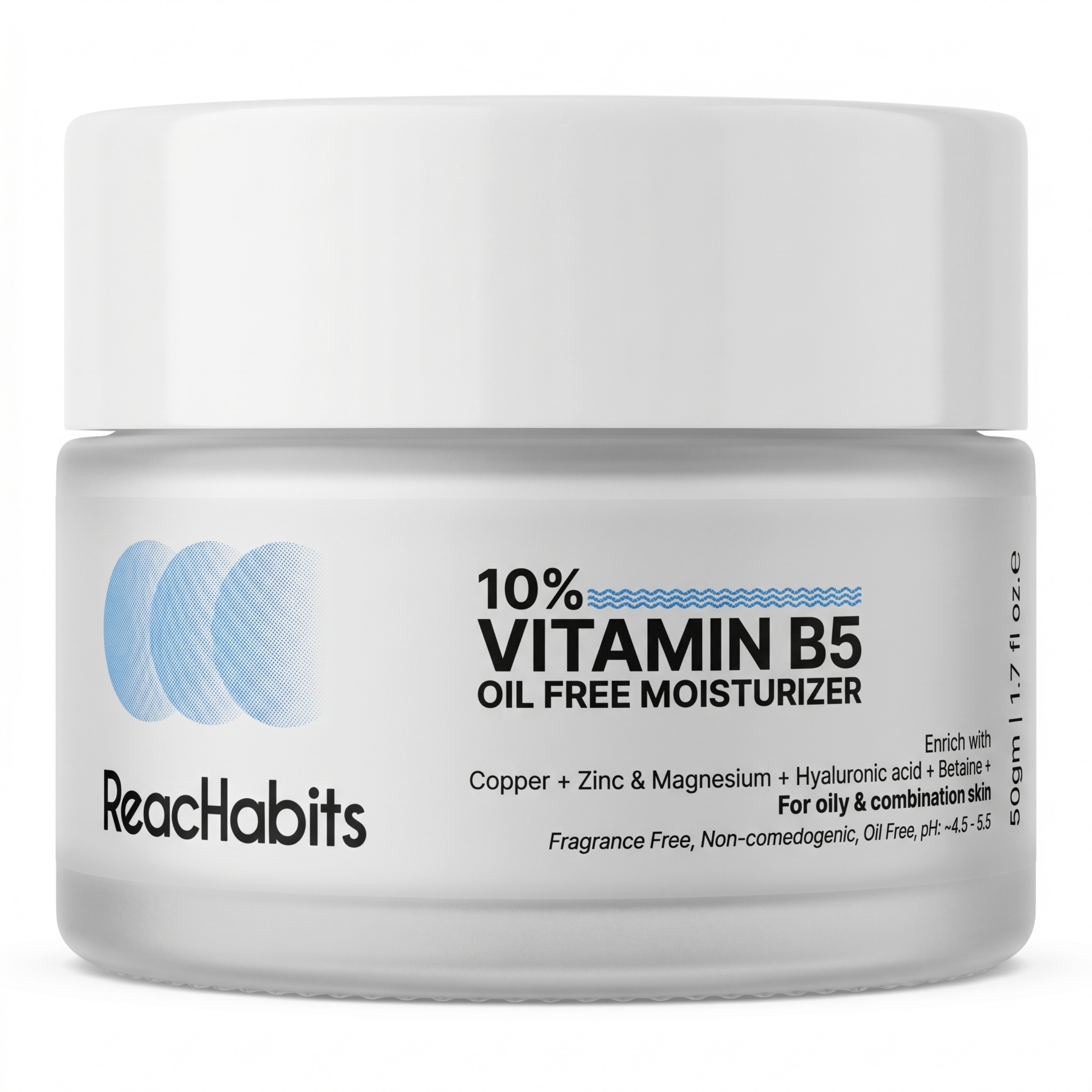 ReachHabits 10% Vitamin B5 oil-free face moisturizer in a premium frosted jar, formulated for oily and combination skin with Copper, Zinc, and Magnesium.