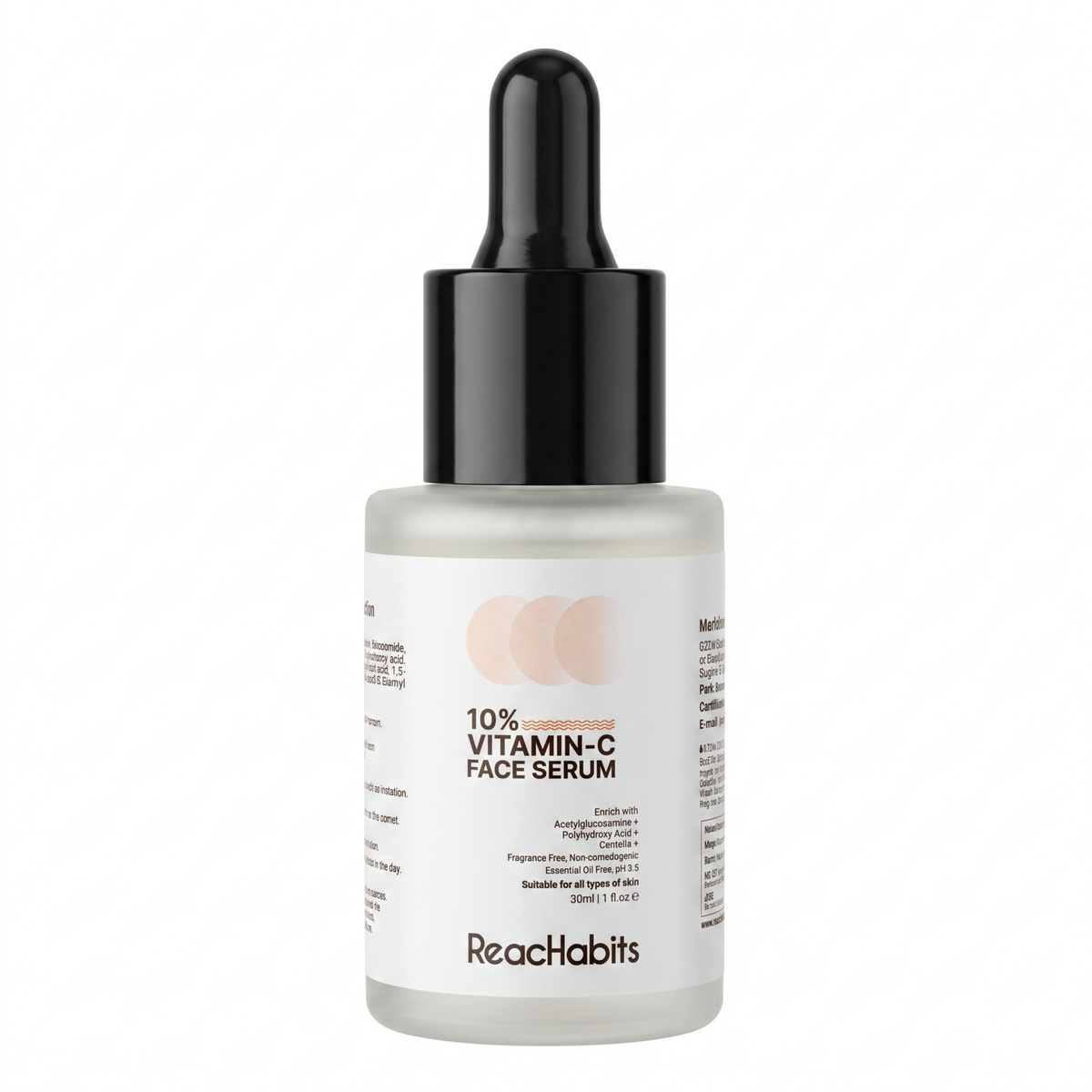 ReachHabits 10% Vitamin C face serum in a premium glass dropper bottle, formulated with Acetyl Glucosamine and Centella to brighten skin.