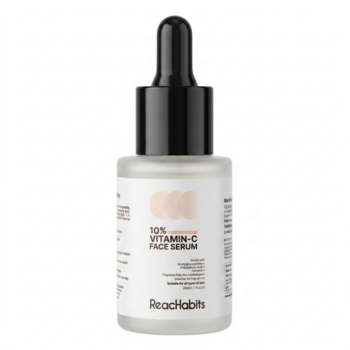 ReachHabits 10% Vitamin C face serum in a premium glass dropper bottle, formulated with Acetyl Glucosamine and Centella to brighten skin.