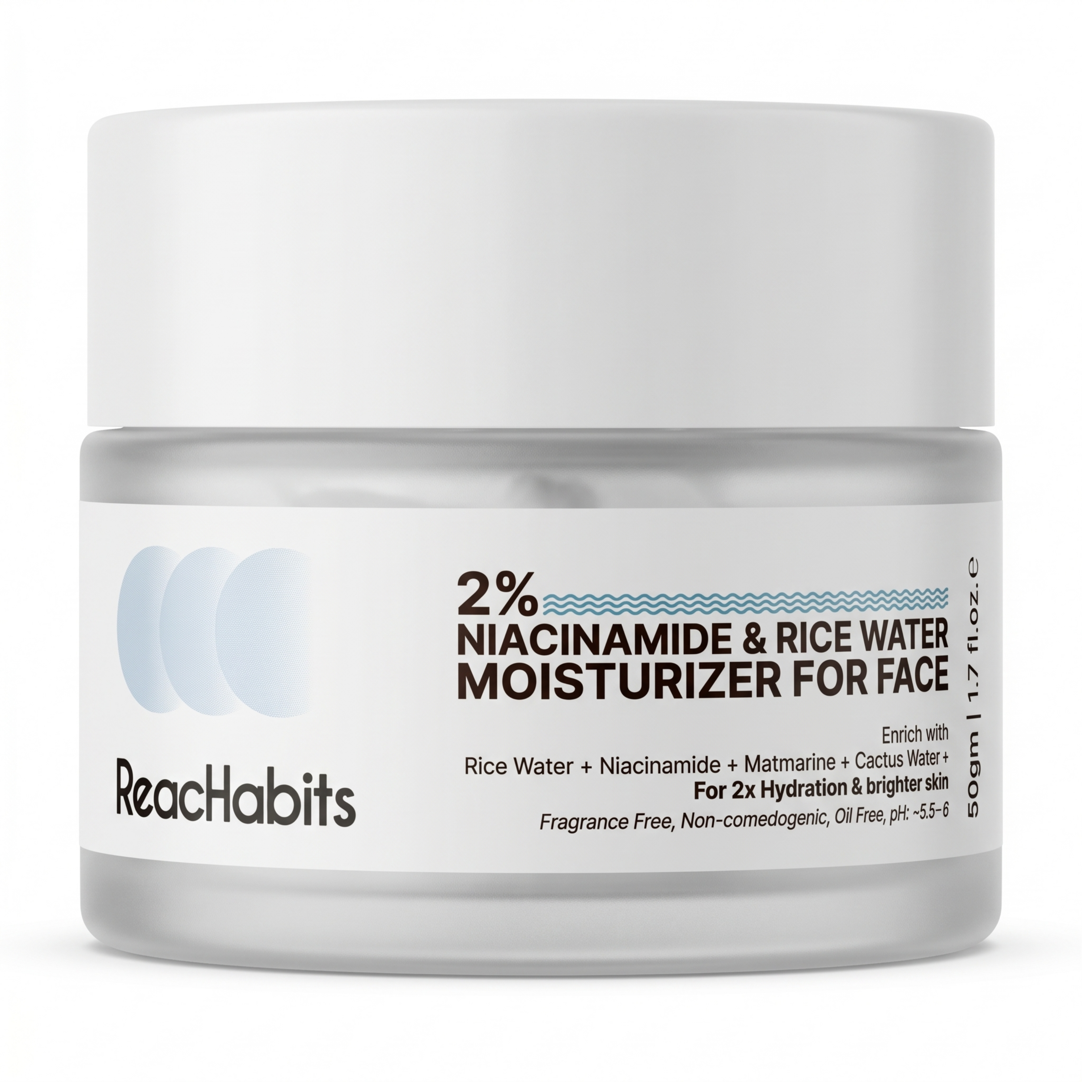 ReachHabits 2% Niacinamide and Rice Water face moisturizer in a premium frosted jar, formulated for 2X hydration and brighter skin.