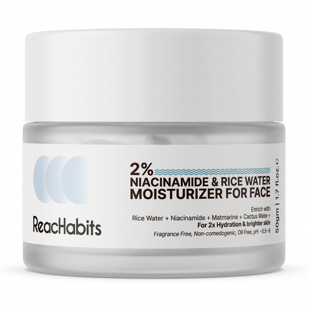 ReachHabits 2% Niacinamide and Rice Water face moisturizer in a premium frosted jar, formulated for 2X hydration and brighter skin.