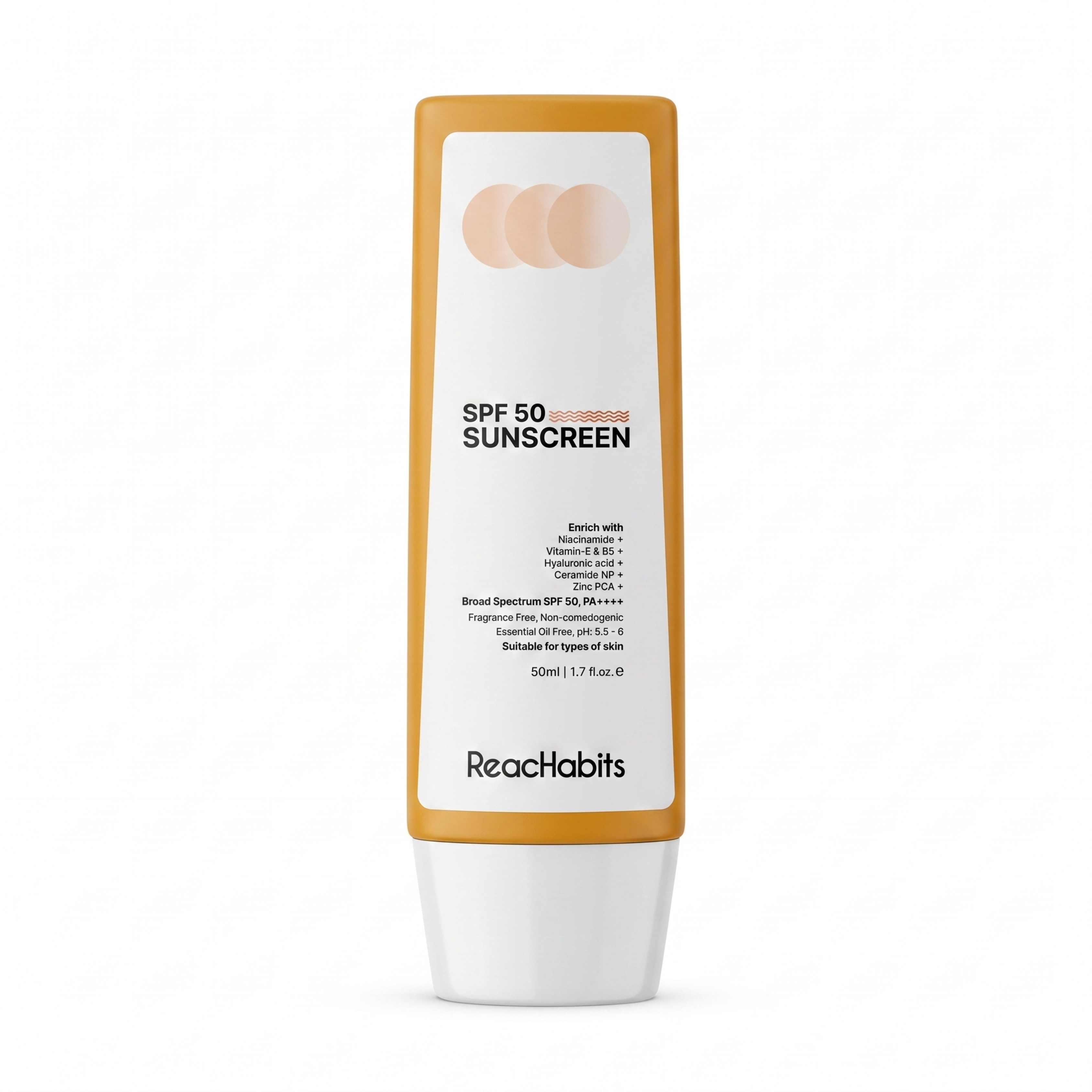 ReachHabits SPF 50 broad-spectrum sunscreen in a sleek, minimalist tube, offering premium daily UVA and UVB protection.