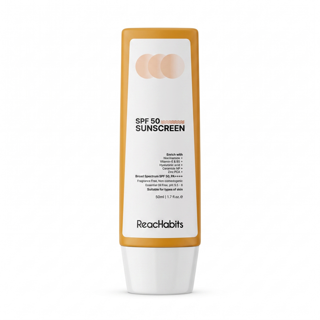 ReachHabits SPF 50 broad-spectrum sunscreen in a sleek, minimalist tube, offering premium daily UVA and UVB protection.