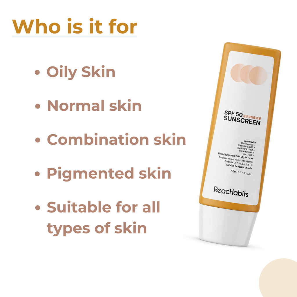 Skincare suitability guide for the ReachHabits invisible sunscreen, expertly crafted for oily, normal, combination, and pigmented skin profiles.