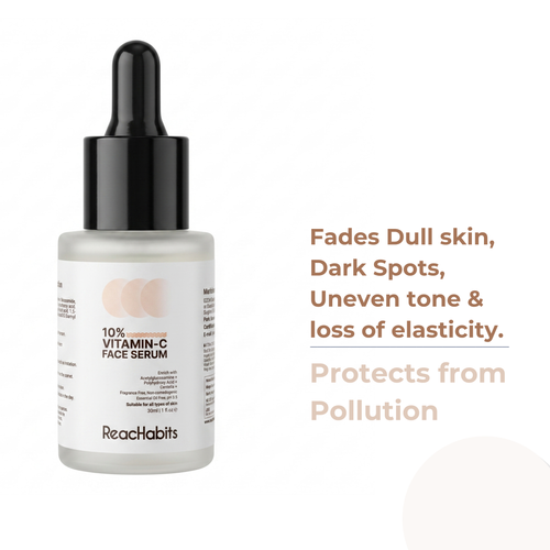 ReachHabits Vitamin C serum benefits: fades dull skin, dark spots, uneven tone, and loss of elasticity while protecting from environmental pollution.